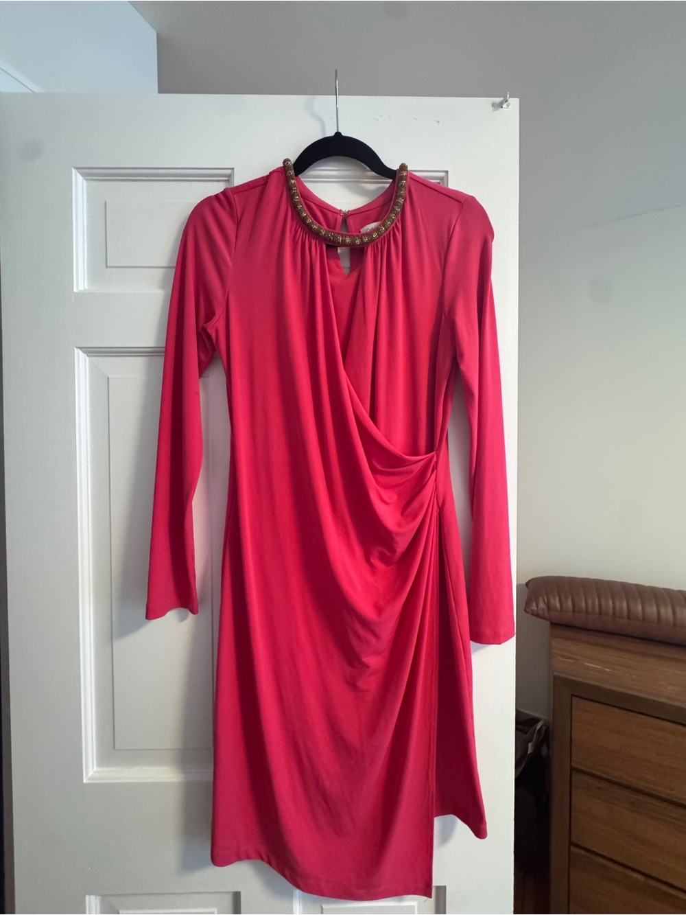 Calvin Klein Hot Pink Long-Sleeve Draped Dress with Embellished Collar